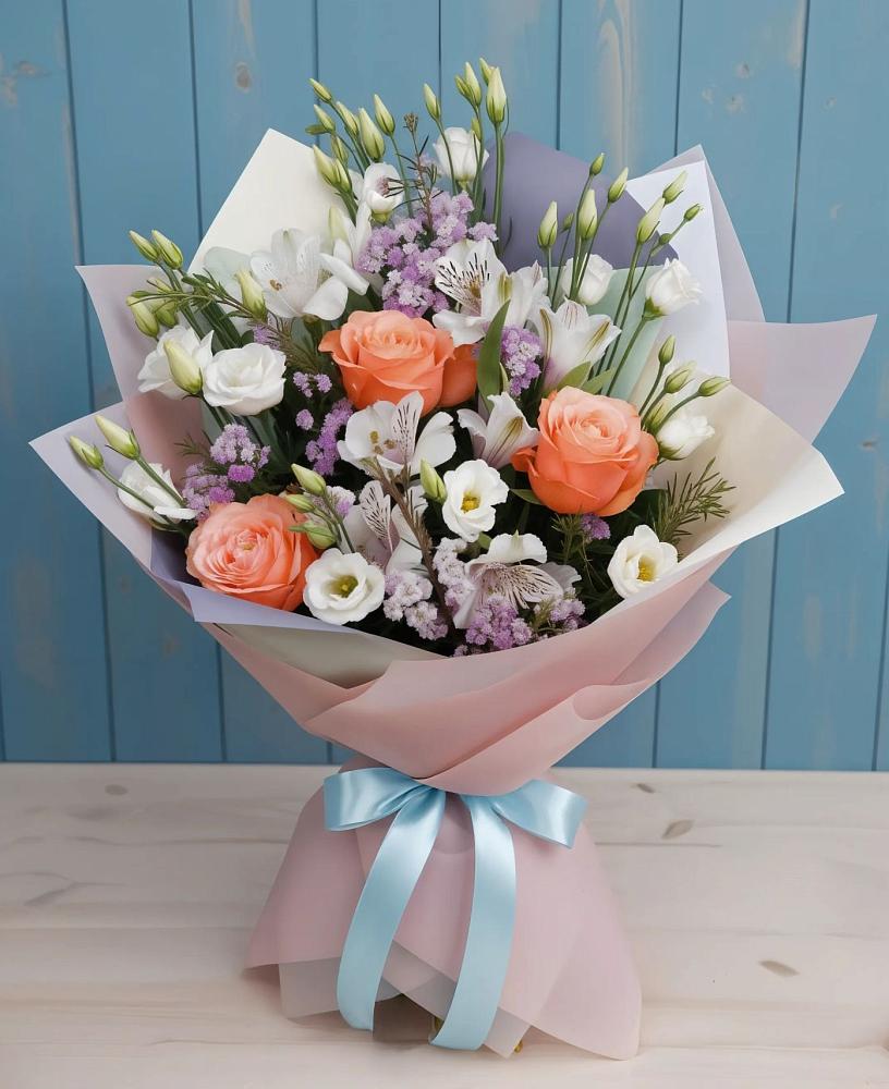 Букет цветов из: Лизиантусы, Розы, Альстромерии и Гипсофила в Урмарах